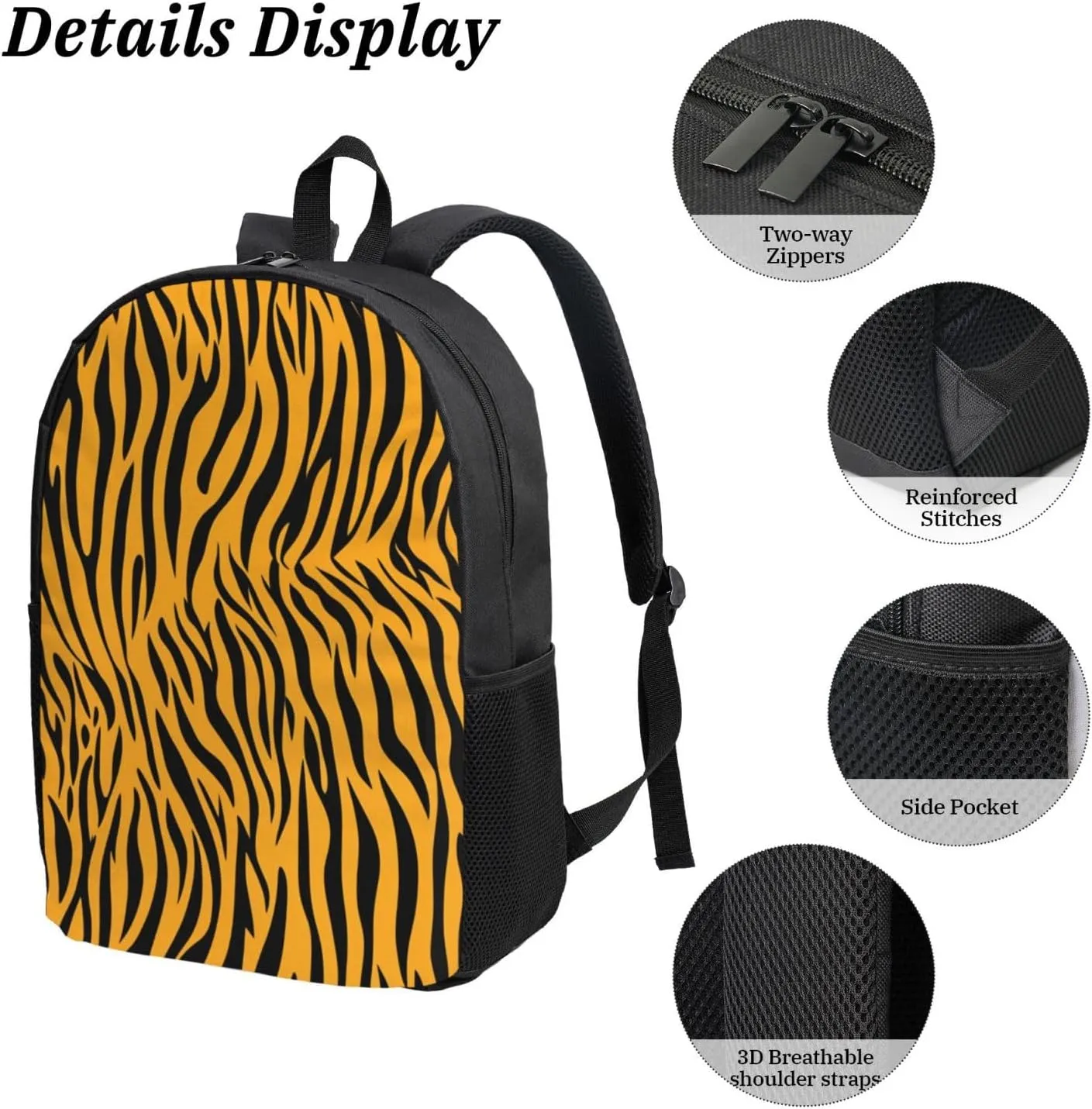 17 Inch Oxford Fabric Backpack with Multiple Pockets, Compatible with Animal Print Tiger Stripe Spacious for Daily Business Outdoor Activities