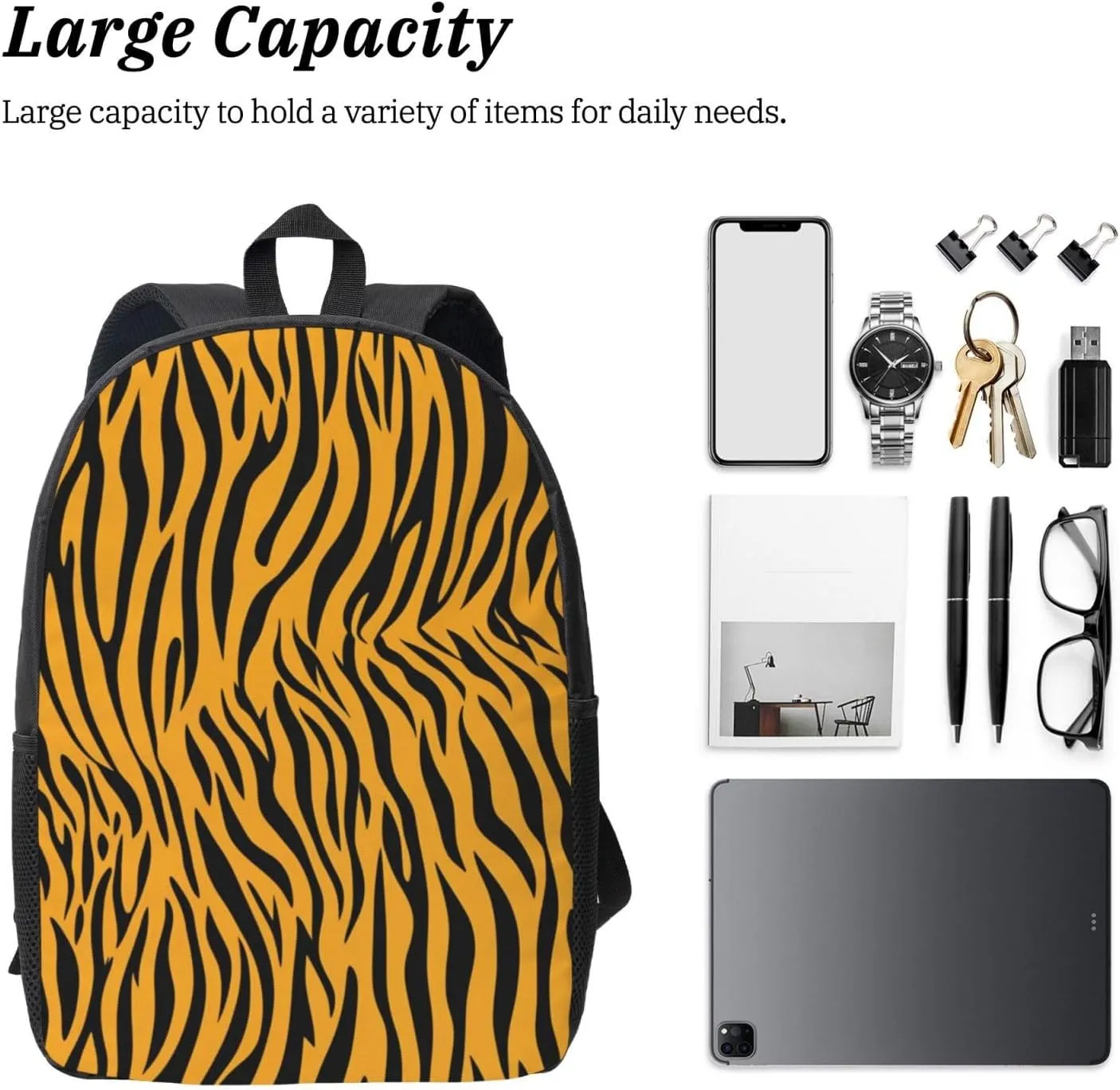 17 Inch Oxford Fabric Backpack with Multiple Pockets, Compatible with Animal Print Tiger Stripe Spacious for Daily Business Outdoor Activities