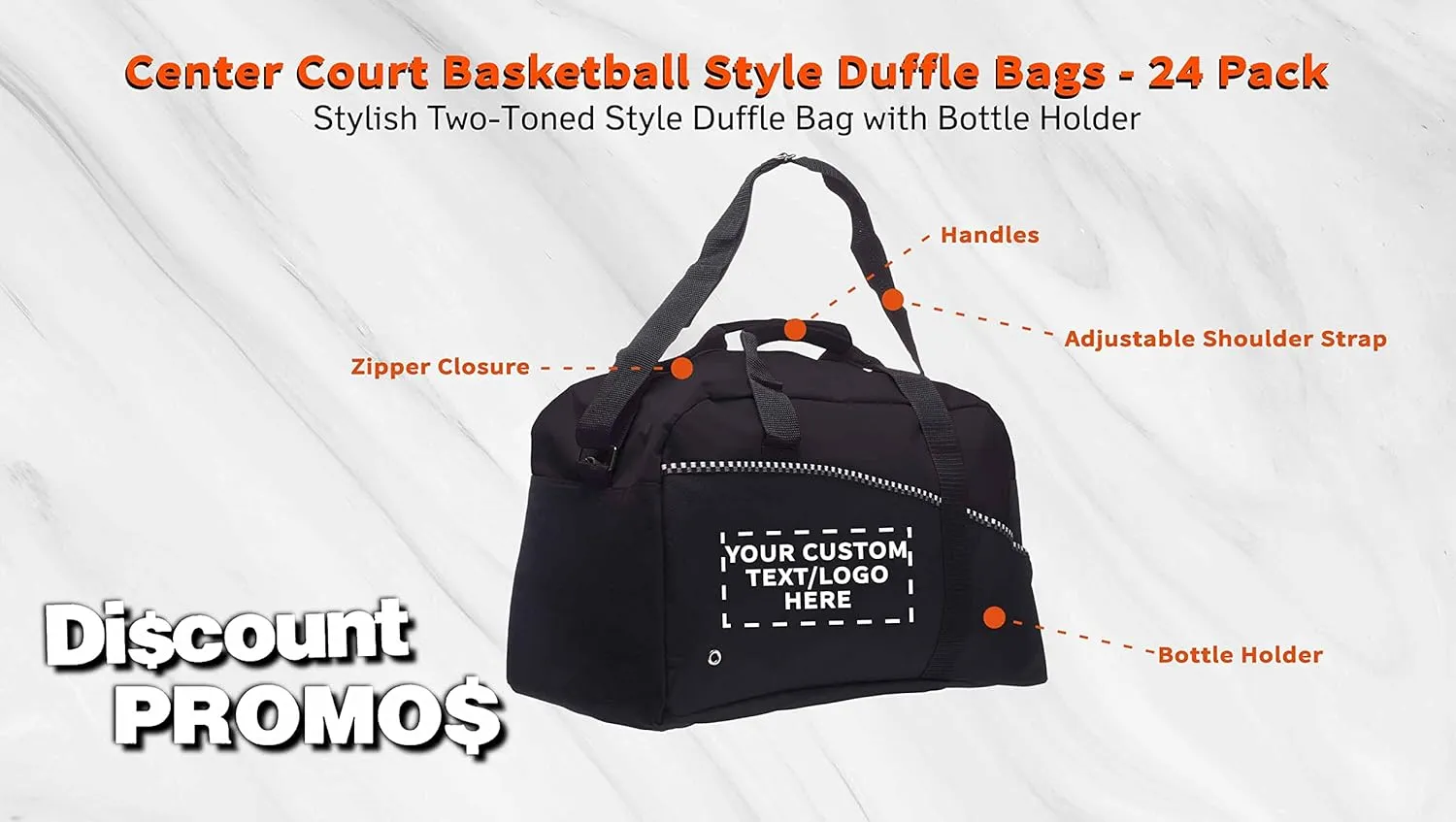 24 Center Court Duffel Bags Set - Customizable Text, Logo - Polyester, Zippered, Front Pocket, Adjustable Strap - Black