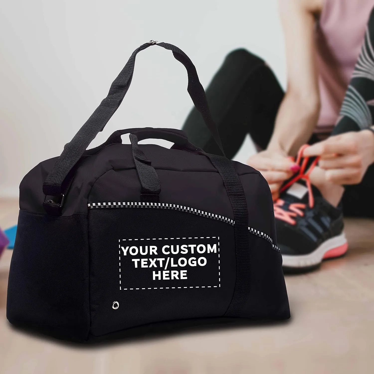 24 Center Court Duffel Bags Set - Customizable Text, Logo - Polyester, Zippered, Front Pocket, Adjustable Strap - Black