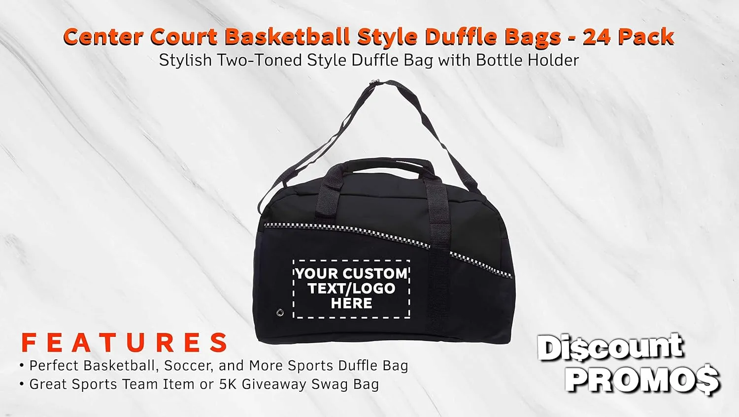 24 Center Court Duffel Bags Set - Customizable Text, Logo - Polyester, Zippered, Front Pocket, Adjustable Strap - Black