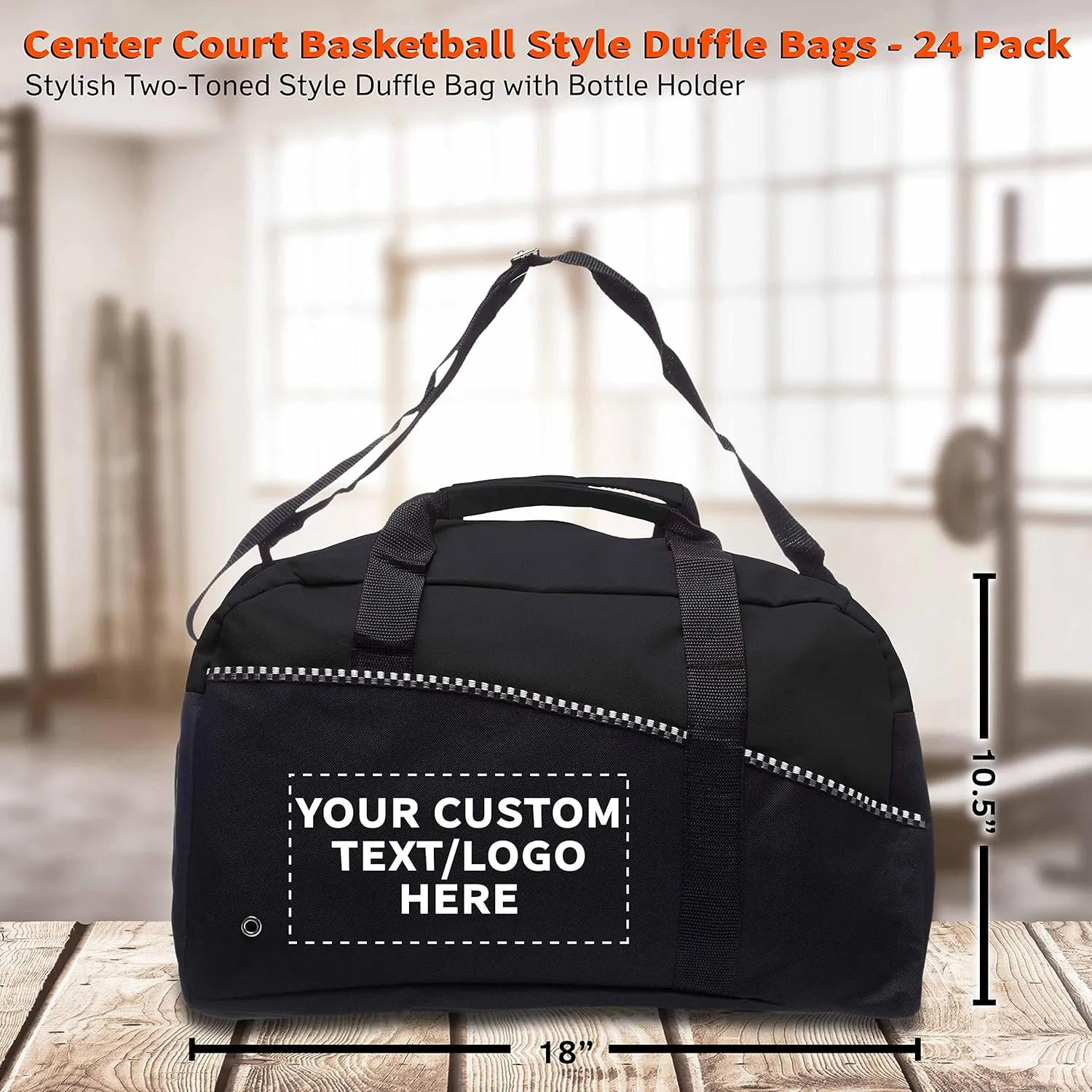 24 Center Court Duffel Bags Set - Customizable Text, Logo - Polyester, Zippered, Front Pocket, Adjustable Strap - Black