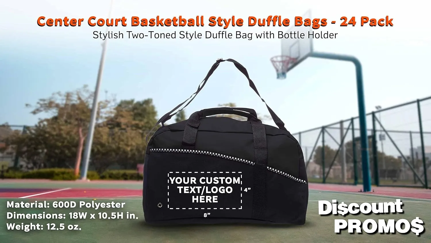 24 Center Court Duffel Bags Set - Customizable Text, Logo - Polyester, Zippered, Front Pocket, Adjustable Strap - Black