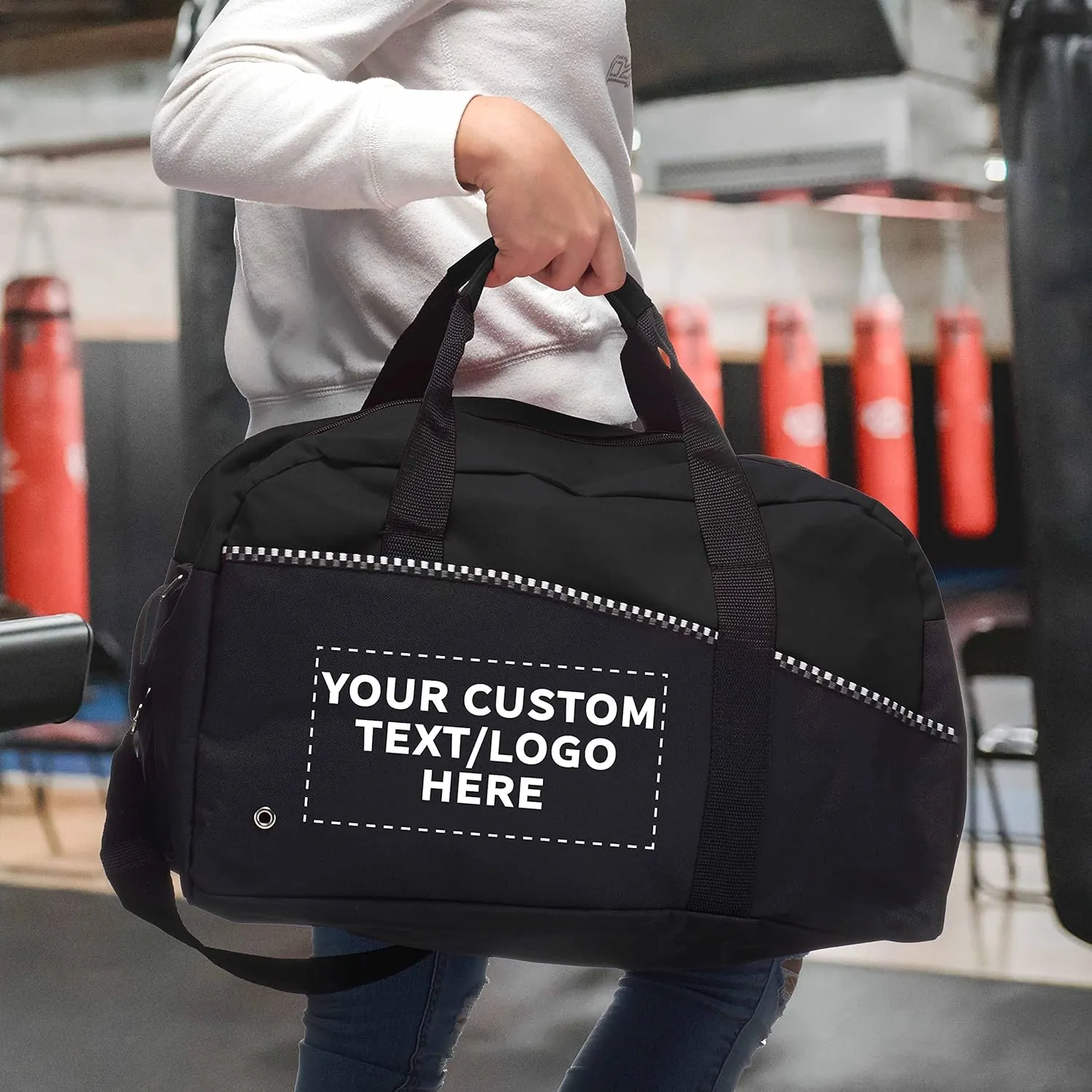 24 Center Court Duffel Bags Set - Customizable Text, Logo - Polyester, Zippered, Front Pocket, Adjustable Strap - Black