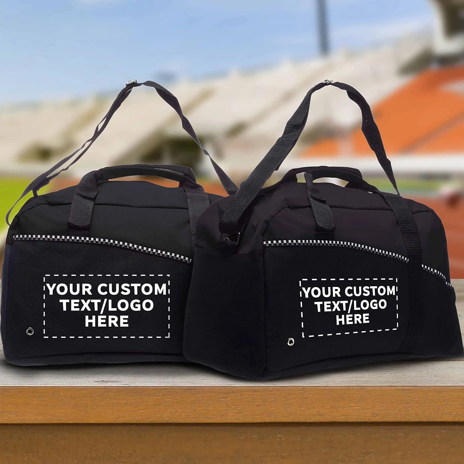 24 Center Court Duffel Bags Set - Customizable Text, Logo - Polyester, Zippered, Front Pocket, Adjustable Strap - Black