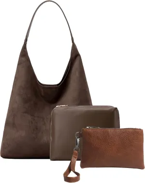 3 Pcs Suede Bags for Women Brown Hobo Bags For Women Brown Suede Handbag Suede Purse Set