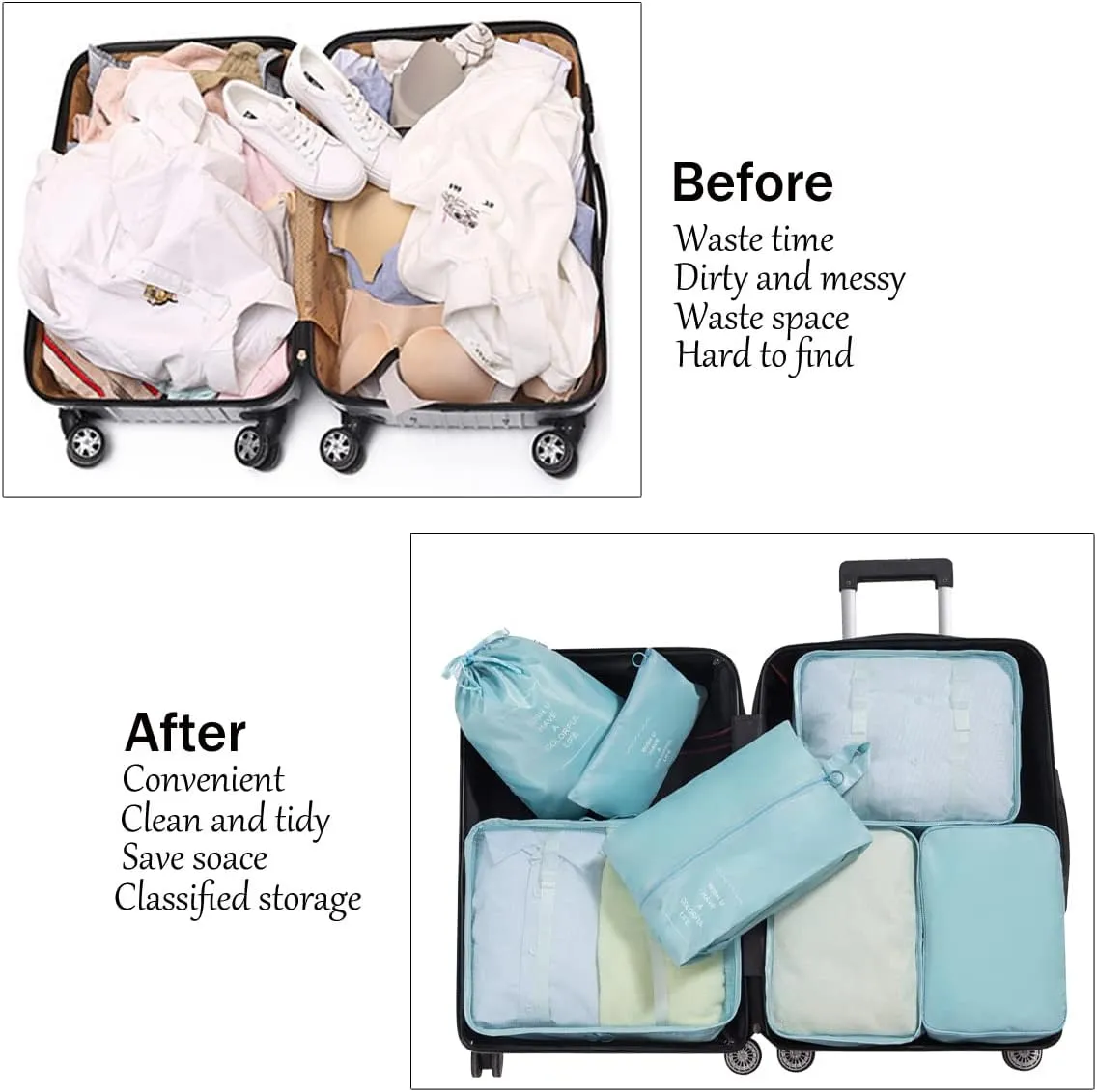 7 Set Packing Cubes for Suitcases,Travel Cubes Packing Luggage Organizers Accessories Bag,Large Lightweight Waterproof Storage Bag,Travel Gear with Toiletries Cosmetic Clothes Shoe Bag (Sky Blue)