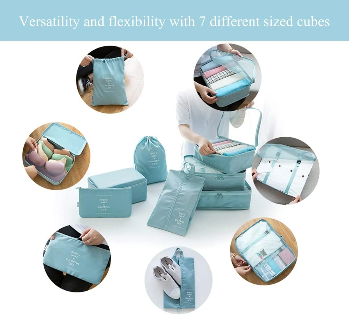 7 Set Packing Cubes for Suitcases,Travel Cubes Packing Luggage Organizers Accessories Bag,Large Lightweight Waterproof Storage Bag,Travel Gear with Toiletries Cosmetic Clothes Shoe Bag (Sky Blue)