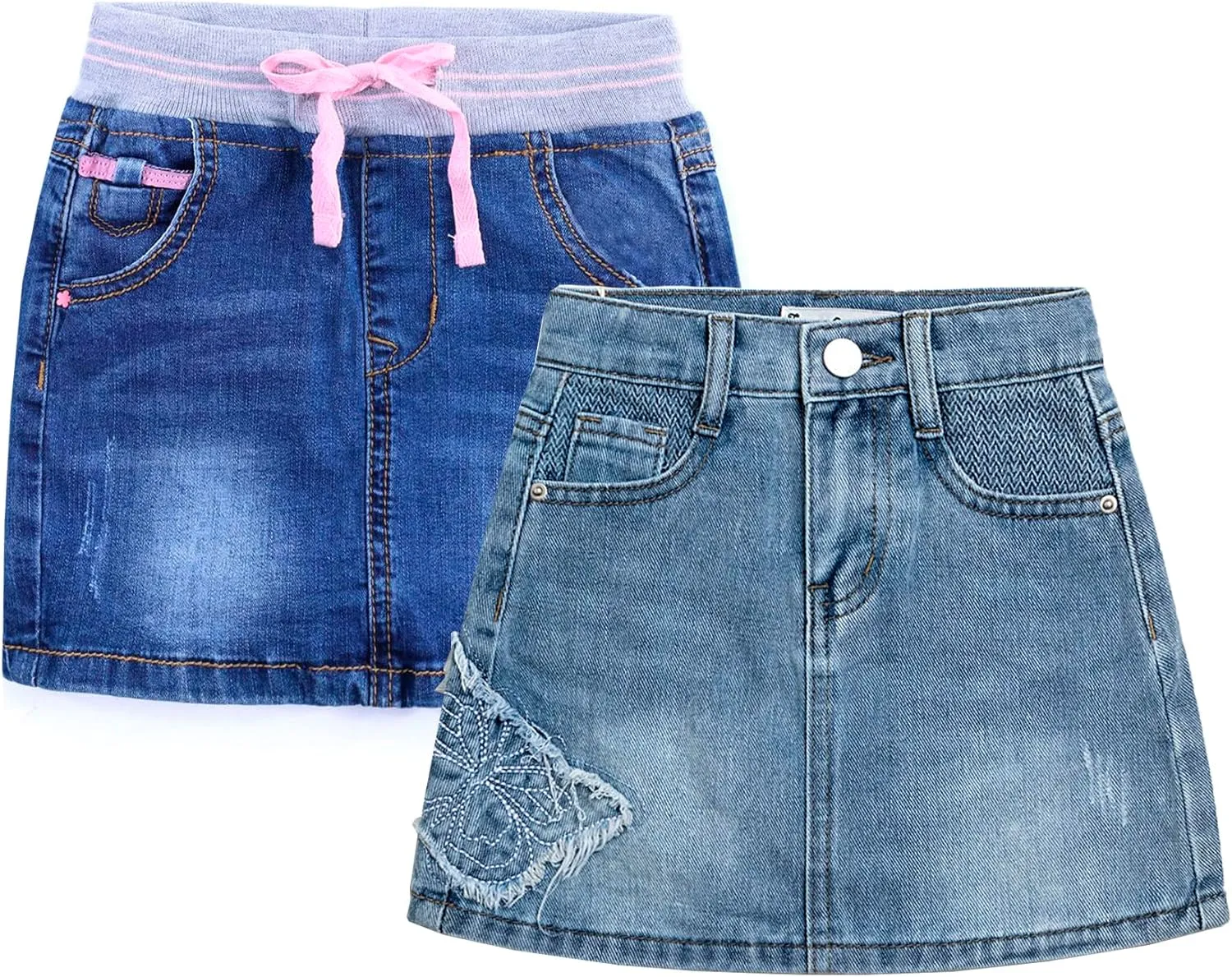 ABALACOCO 2Pack Girls Jeans Skirt Mini Denim Skirt Skorts Set Kids Toddler,Stretchy Waist Soft Cotton No Rough Skort 3-14T