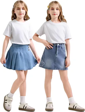 ABALACOCO 2Pack Girls Jeans Skirt Mini Denim Skirt Skorts Set Kids Toddler,Stretchy Waist Soft Cotton No Rough Skort 3-14T