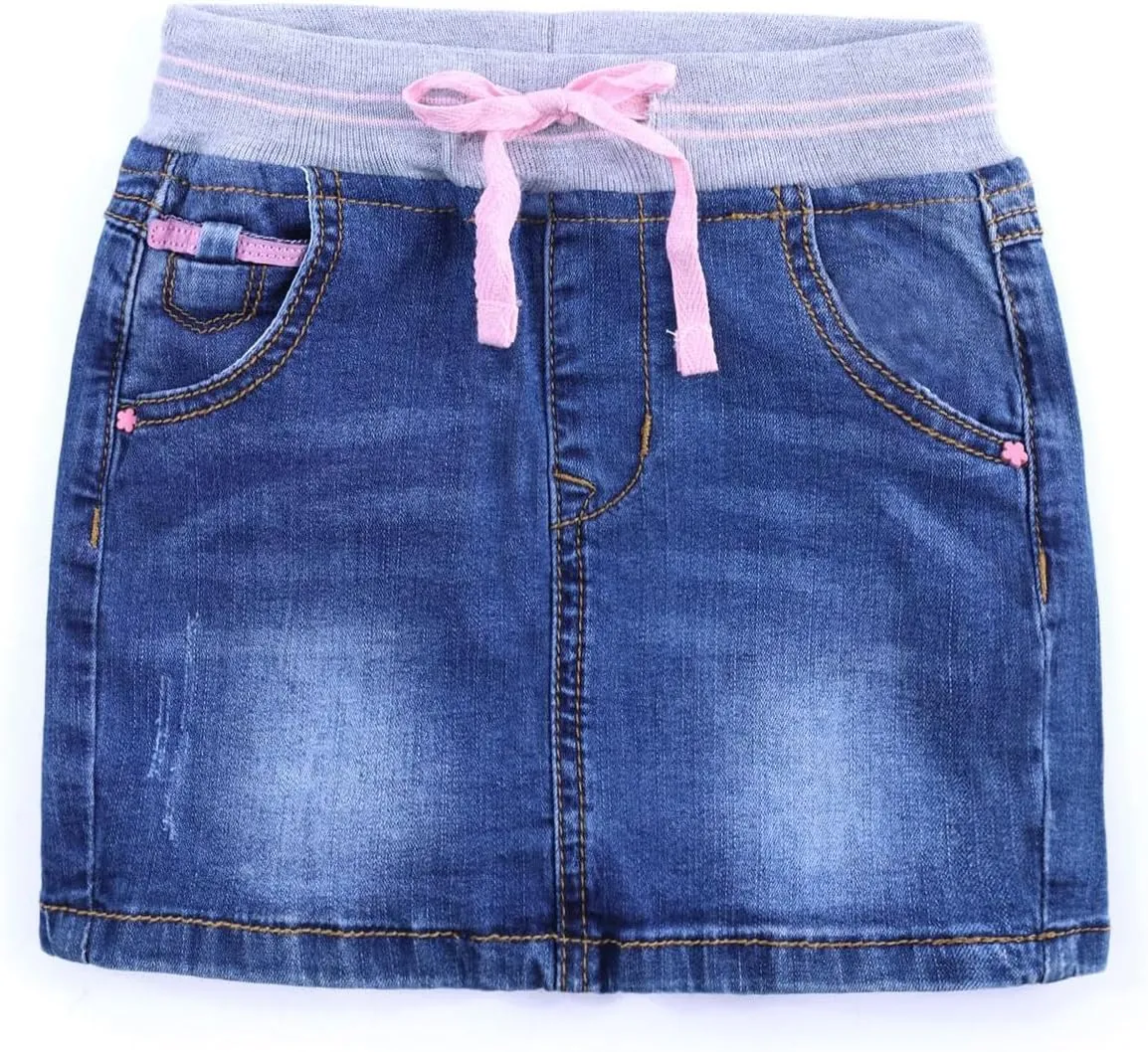 ABALACOCO 2Pack Girls Jeans Skirt Mini Denim Skirt Skorts Set Kids Toddler,Stretchy Waist Soft Cotton No Rough Skort 3-14T