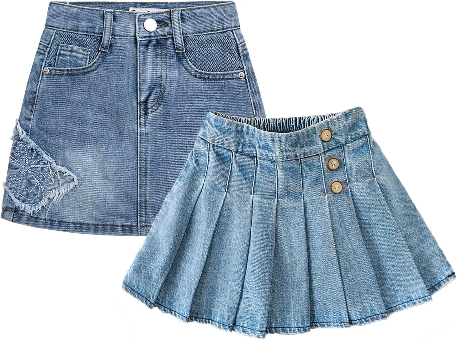 ABALACOCO 2Pack Girls Jeans Skirt Mini Denim Skirt Skorts Set Kids Toddler,Stretchy Waist Soft Cotton No Rough Skort 3-14T