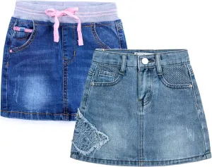 ABALACOCO 2Pack Girls Jeans Skirt Mini Denim Skirt Skorts Set Kids Toddler,Stretchy Waist Soft Cotton No Rough Skort 3-14T
