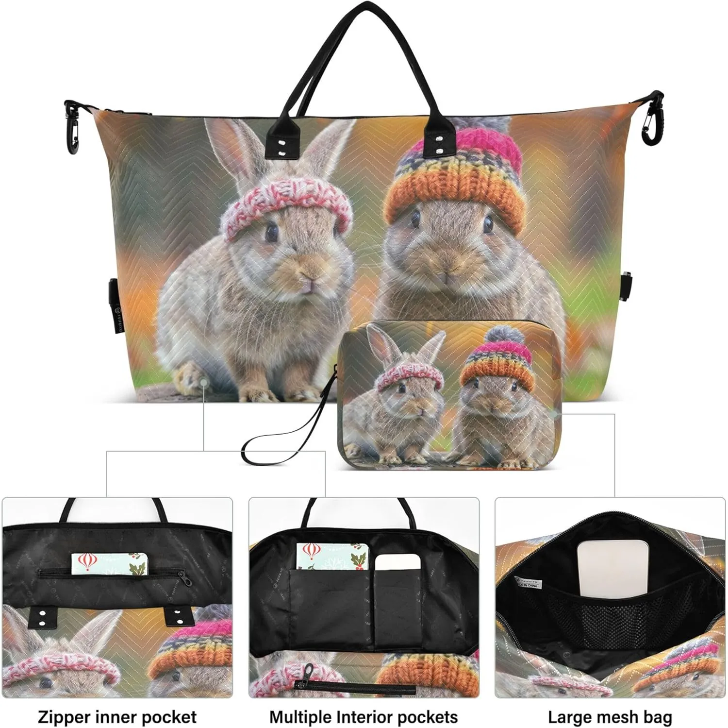 Adorable Rabbits Bunny Travel Duffel Bag Toiletry Bag Set of 2, Animal Print Women Gym Tote Bags Duffle Carry on Bag