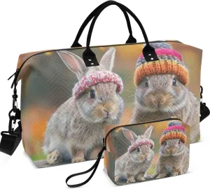 Adorable Rabbits Bunny Travel Duffel Bag Toiletry Bag Set of 2, Animal Print Women Gym Tote Bags Duffle Carry on Bag