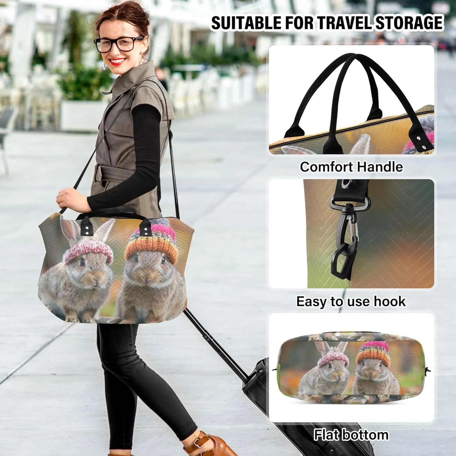 Adorable Rabbits Bunny Travel Duffel Bag Toiletry Bag Set of 2, Animal Print Women Gym Tote Bags Duffle Carry on Bag