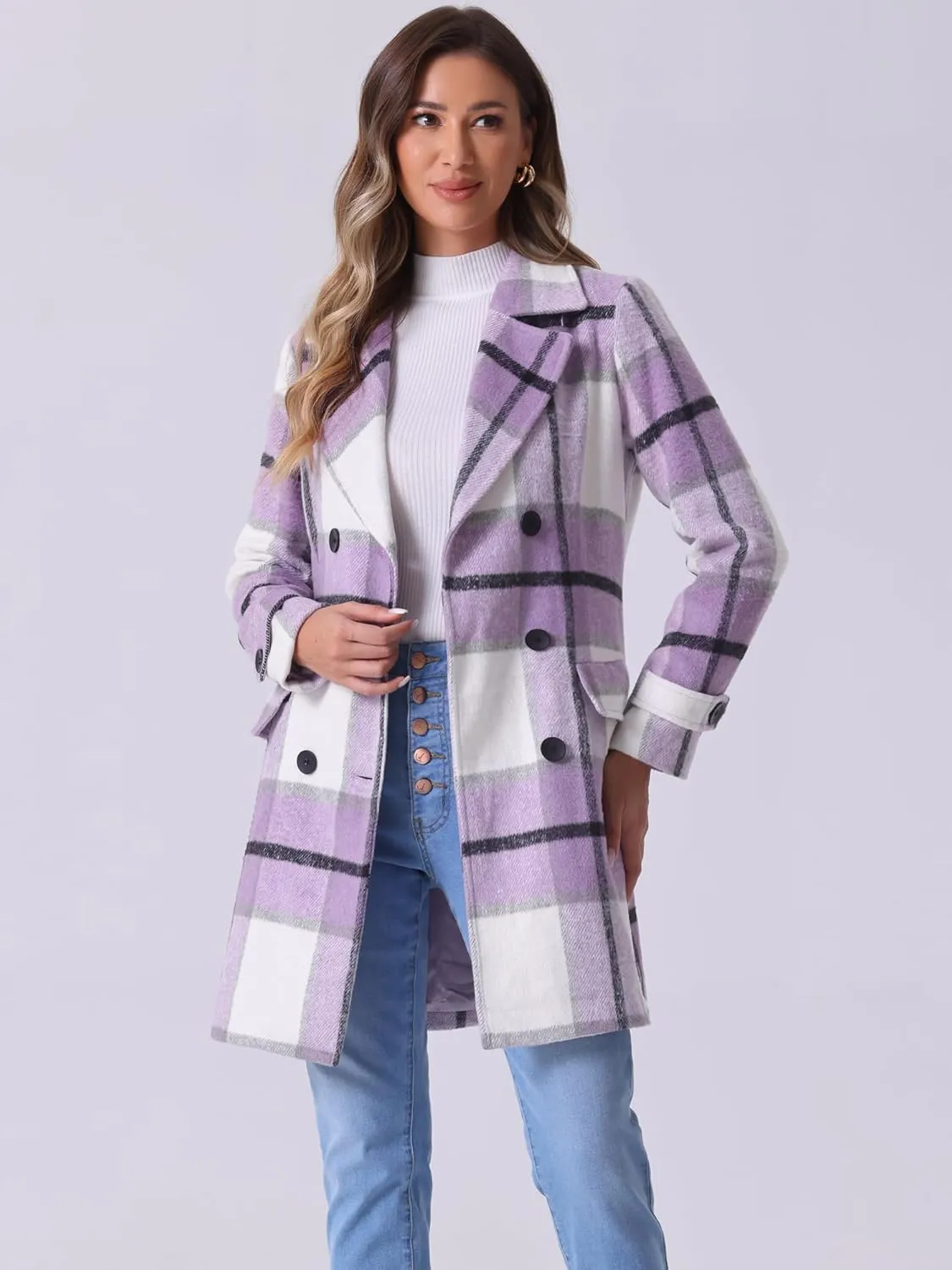 Allegra K Women's 2024 Double Breasted Pea Coat Buffalo Checks Notched Lapel Winter Plaid Coats