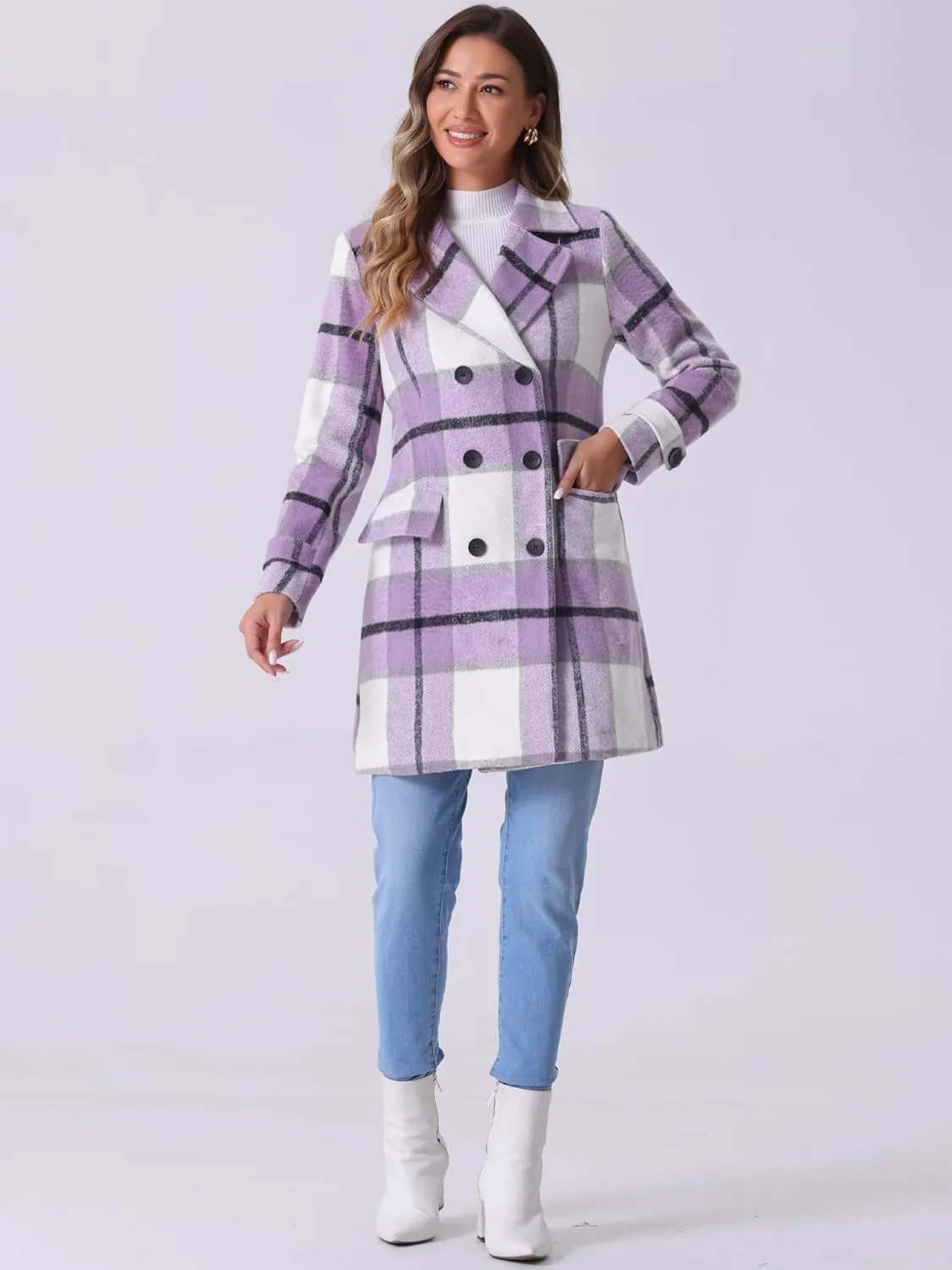 Allegra K Women's 2024 Double Breasted Pea Coat Buffalo Checks Notched Lapel Winter Plaid Coats