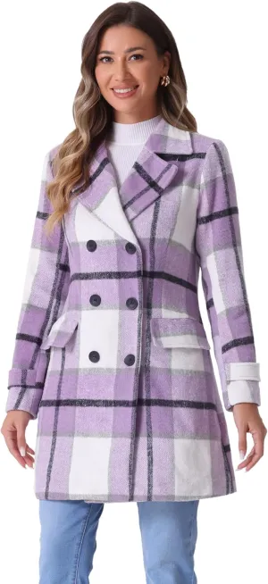 Allegra K Women's 2024 Double Breasted Pea Coat Buffalo Checks Notched Lapel Winter Plaid Coats