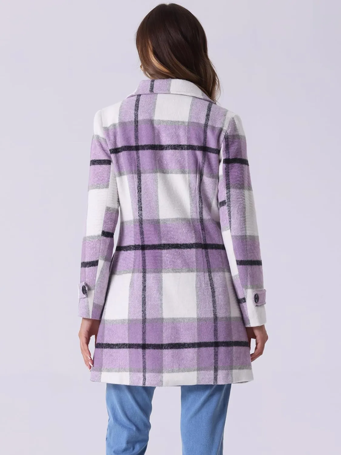 Allegra K Women's 2024 Double Breasted Pea Coat Buffalo Checks Notched Lapel Winter Plaid Coats