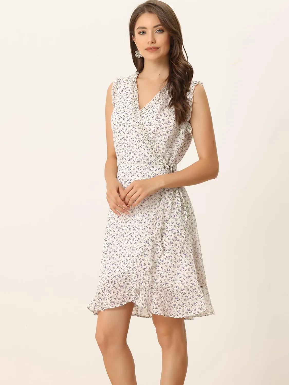 Allegra K Women's Summer Sleeveless V Neck Tie Waist Floral Print Ruffled Wrap Mini Dress