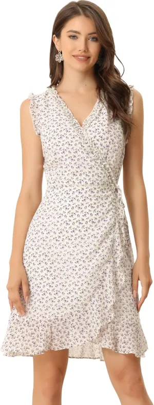 Allegra K Women's Summer Sleeveless V Neck Tie Waist Floral Print Ruffled Wrap Mini Dress
