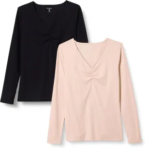 Amazon Essentials Women's Cinched V-Neck Long Sleeve Slim-Fit Rib-Knit T-Shirt, Pack of 2