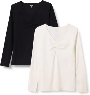 Amazon Essentials Women's Cinched V-Neck Long Sleeve Slim-Fit Rib-Knit T-Shirt, Pack of 2