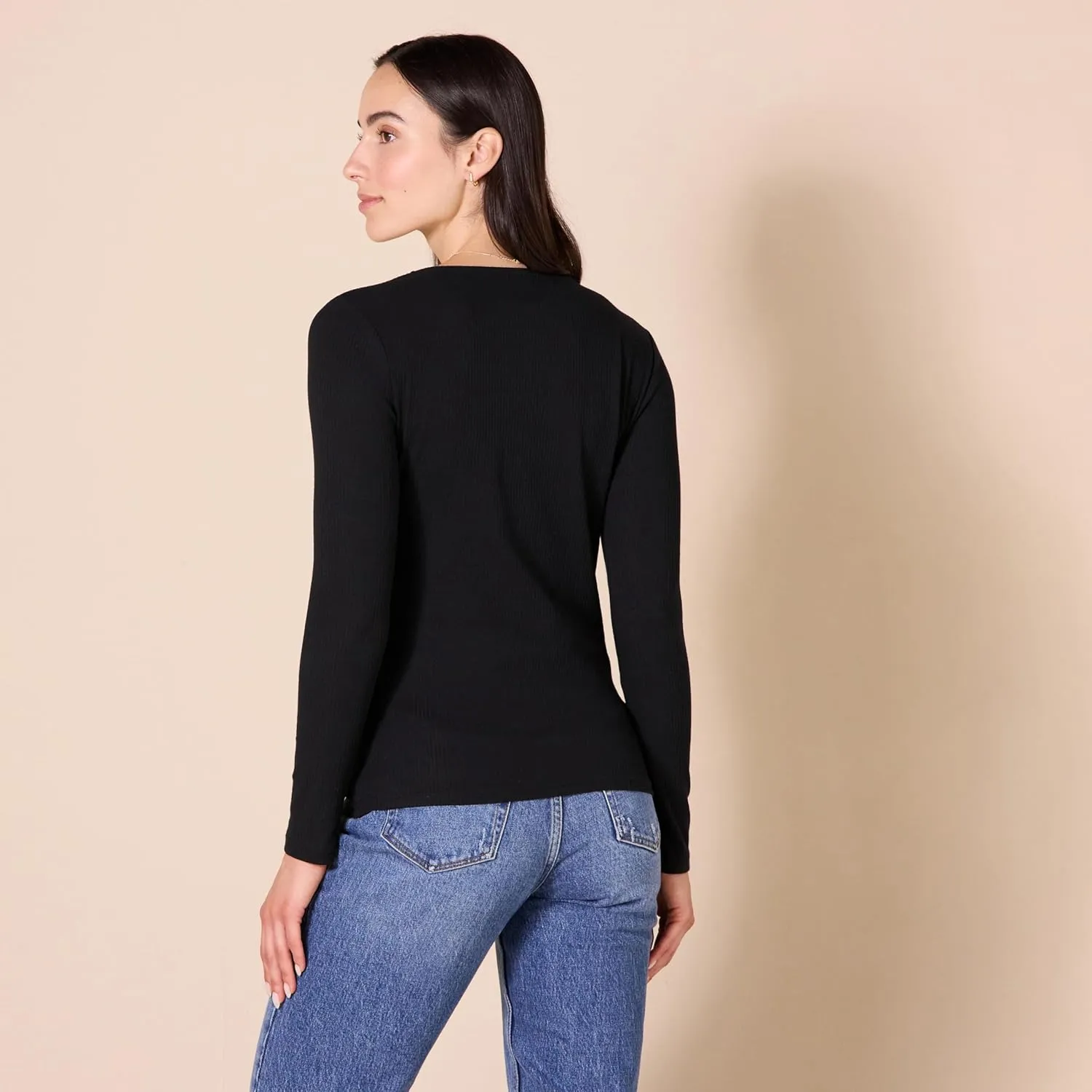 Amazon Essentials Women's Cinched V-Neck Long Sleeve Slim-Fit Rib-Knit T-Shirt, Pack of 2