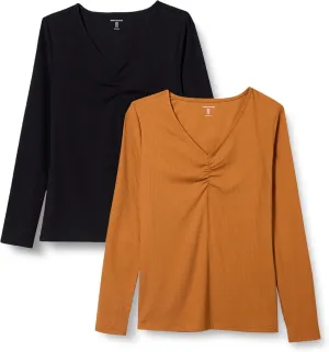 Amazon Essentials Women's Cinched V-Neck Long Sleeve Slim-Fit Rib-Knit T-Shirt, Pack of 2