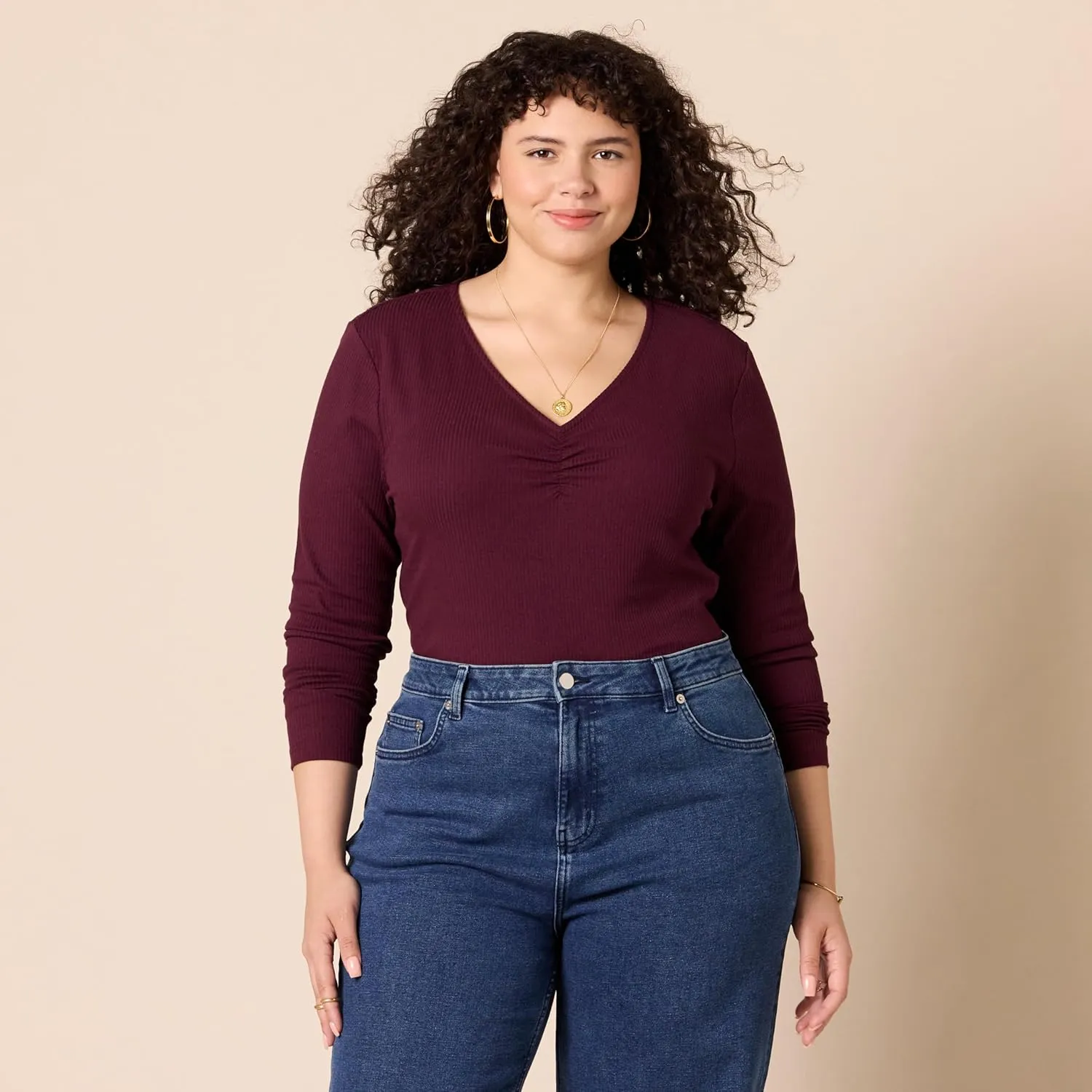 Amazon Essentials Women's Cinched V-Neck Long Sleeve Slim-Fit Rib-Knit T-Shirt, Pack of 2