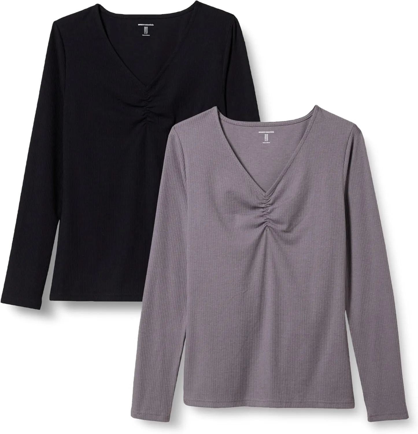 Amazon Essentials Women's Cinched V-Neck Long Sleeve Slim-Fit Rib-Knit T-Shirt, Pack of 2