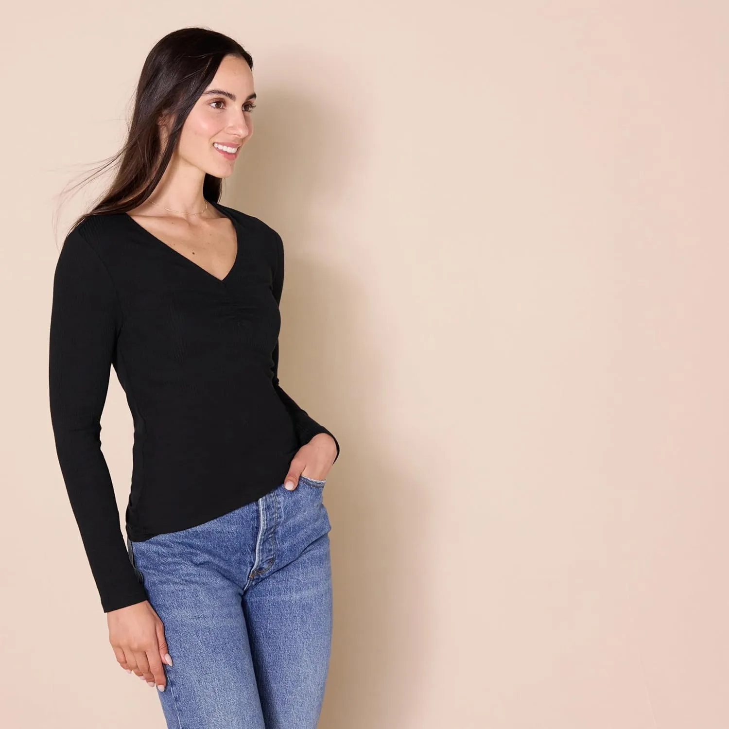 Amazon Essentials Women's Cinched V-Neck Long Sleeve Slim-Fit Rib-Knit T-Shirt, Pack of 2