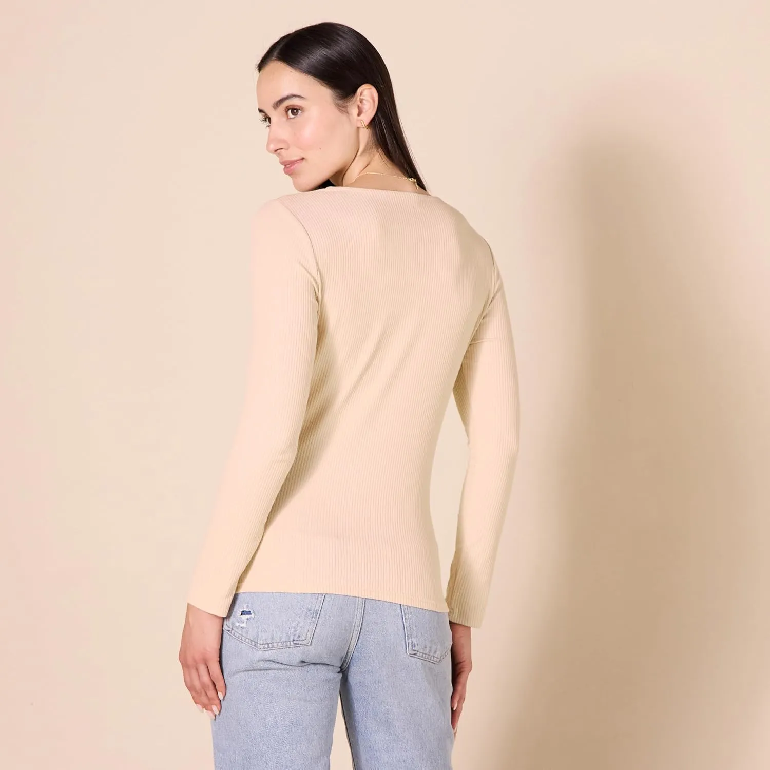 Amazon Essentials Women's Cinched V-Neck Long Sleeve Slim-Fit Rib-Knit T-Shirt, Pack of 2
