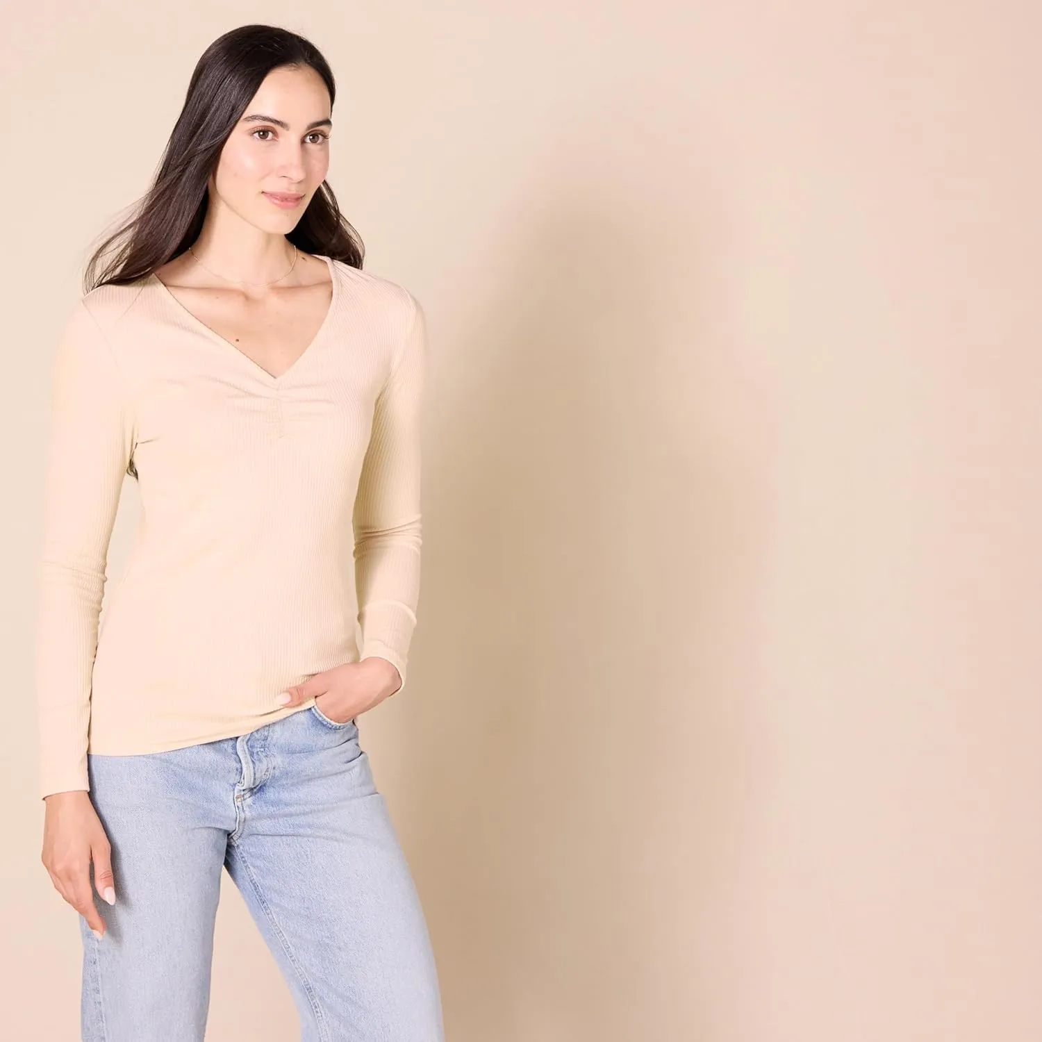 Amazon Essentials Women's Cinched V-Neck Long Sleeve Slim-Fit Rib-Knit T-Shirt, Pack of 2