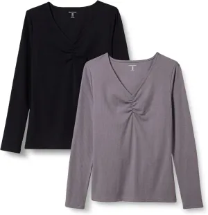 Amazon Essentials Women's Cinched V-Neck Long Sleeve Slim-Fit Rib-Knit T-Shirt, Pack of 2