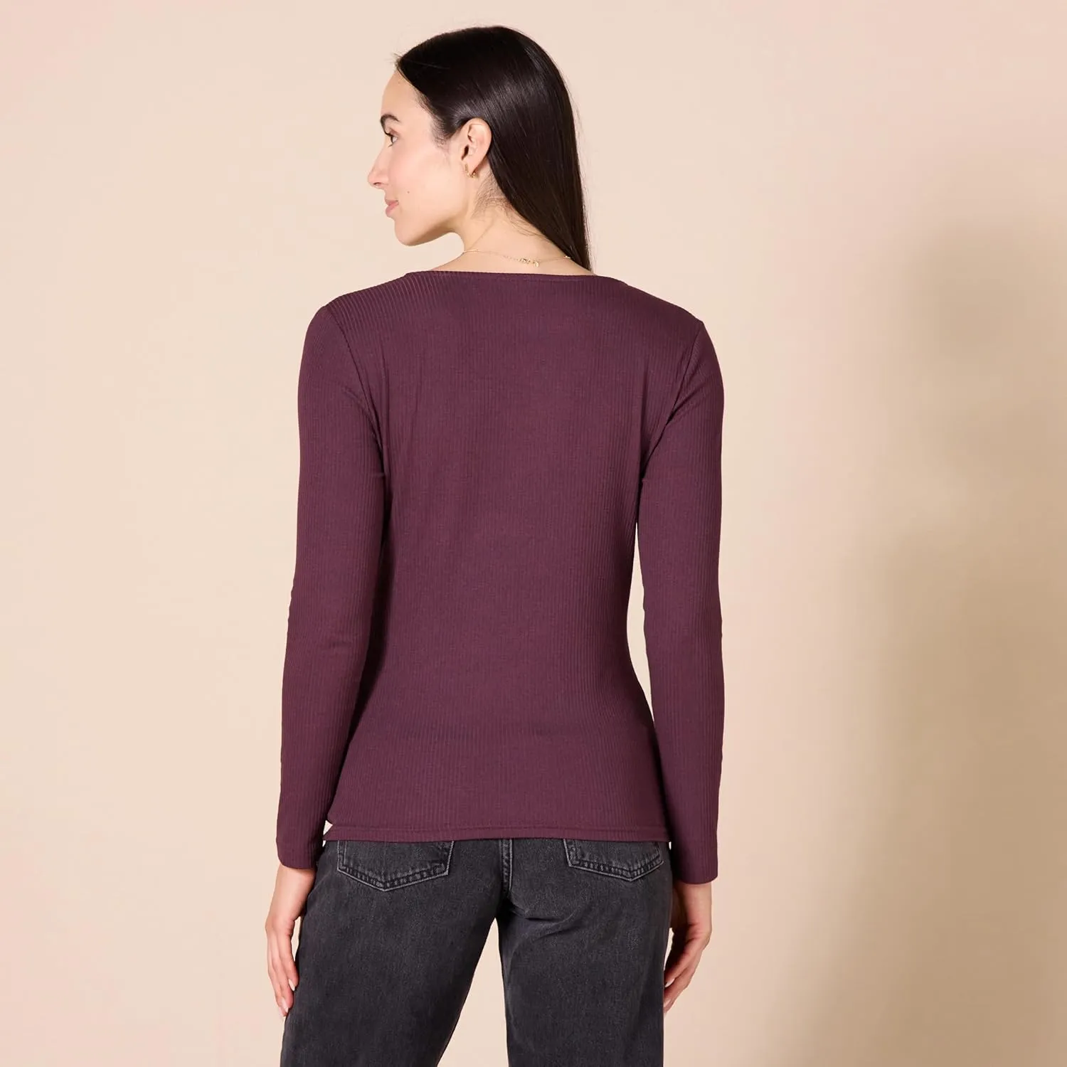Amazon Essentials Women's Cinched V-Neck Long Sleeve Slim-Fit Rib-Knit T-Shirt, Pack of 2