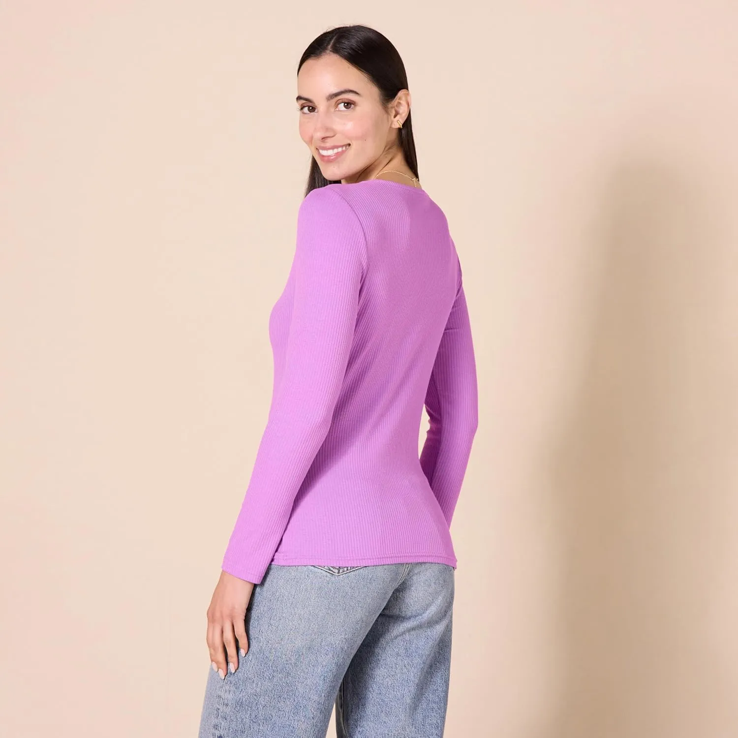 Amazon Essentials Women's Cinched V-Neck Long Sleeve Slim-Fit Rib-Knit T-Shirt, Pack of 2