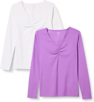 Amazon Essentials Women's Cinched V-Neck Long Sleeve Slim-Fit Rib-Knit T-Shirt, Pack of 2