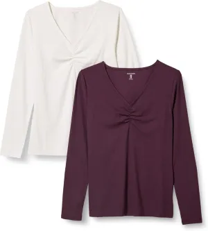 Amazon Essentials Women's Cinched V-Neck Long Sleeve Slim-Fit Rib-Knit T-Shirt, Pack of 2