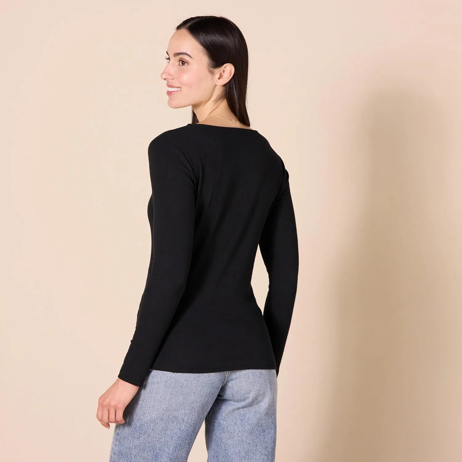 Amazon Essentials Women's Cinched V-Neck Long Sleeve Slim-Fit Rib-Knit T-Shirt, Pack of 2
