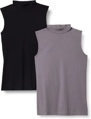 Amazon Essentials Women's Mock-Neck Slim-Fit Rib-Knit Sleeveless Top, Pack of 2