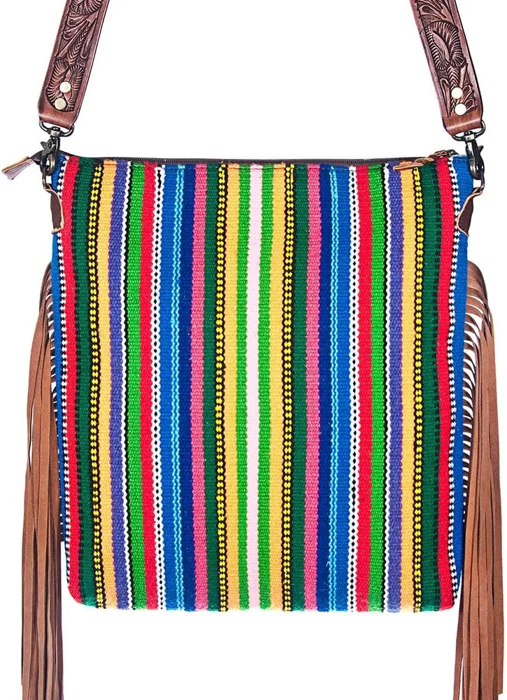 American Darling Cross Body Vintage Bag Large Leather Fringe Crossbody Purse Western Handbags Quilted Saddle Blanket Cowhide Stylish Handmade Shoulder Handbag Hand Carved Strap (ADBGZ109R)
