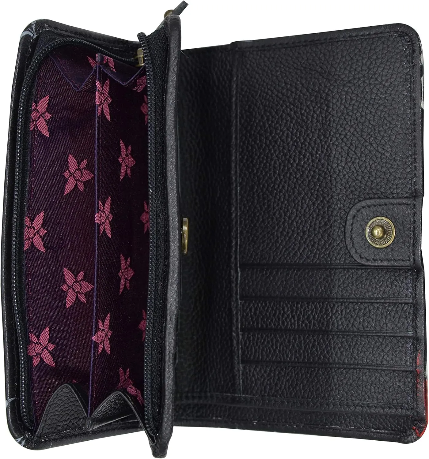 Anuschka Womens Hand-Painted Genuine Leather Two Fold Organizer Wallet - Snap Button, RFID Protected Card Holders, ID Window