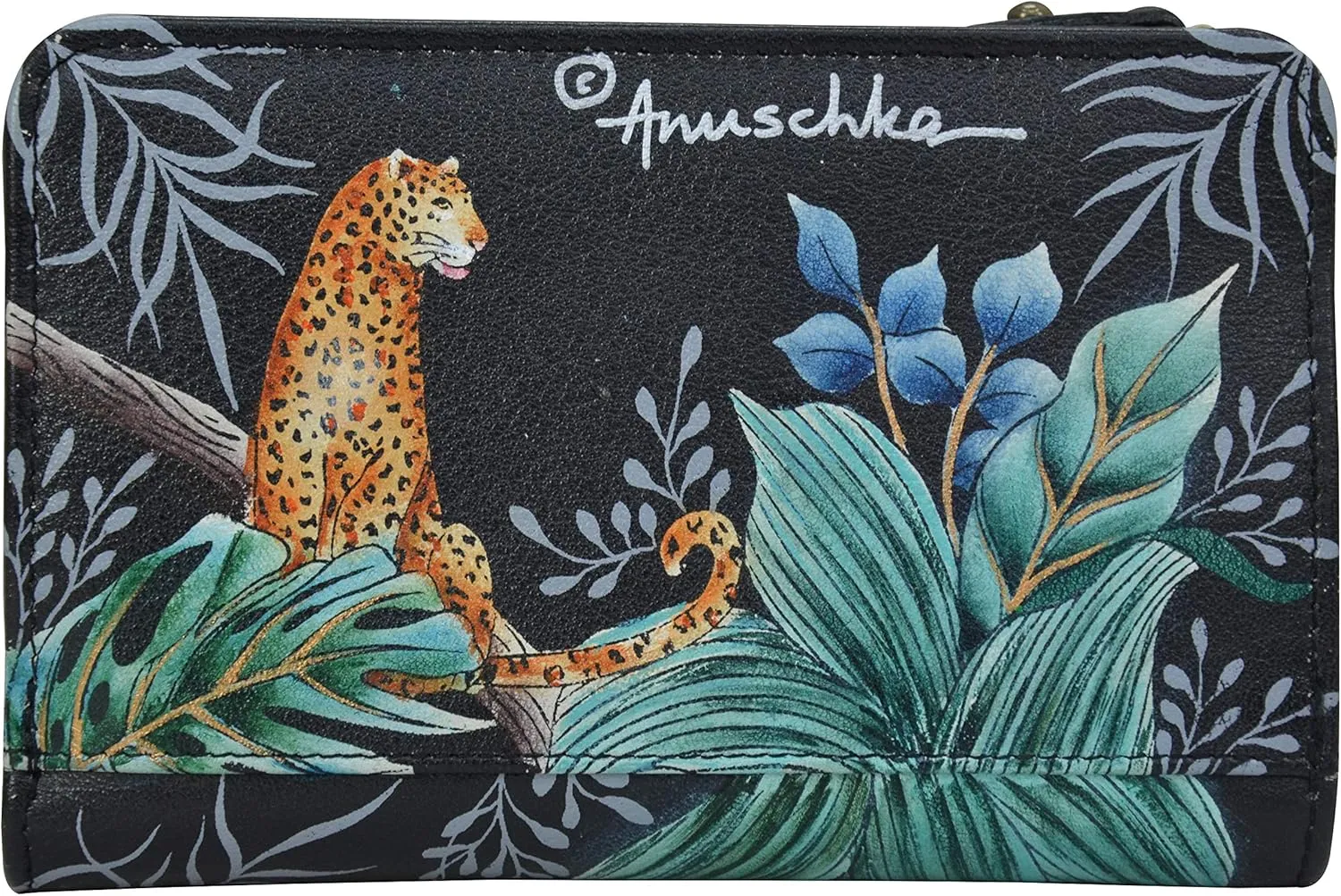 Anuschka Womens Hand-Painted Genuine Leather Two Fold Organizer Wallet - Snap Button, RFID Protected Card Holders, ID Window