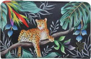 Anuschka Womens Hand-Painted Genuine Leather Two Fold Organizer Wallet - Snap Button, RFID Protected Card Holders, ID Window