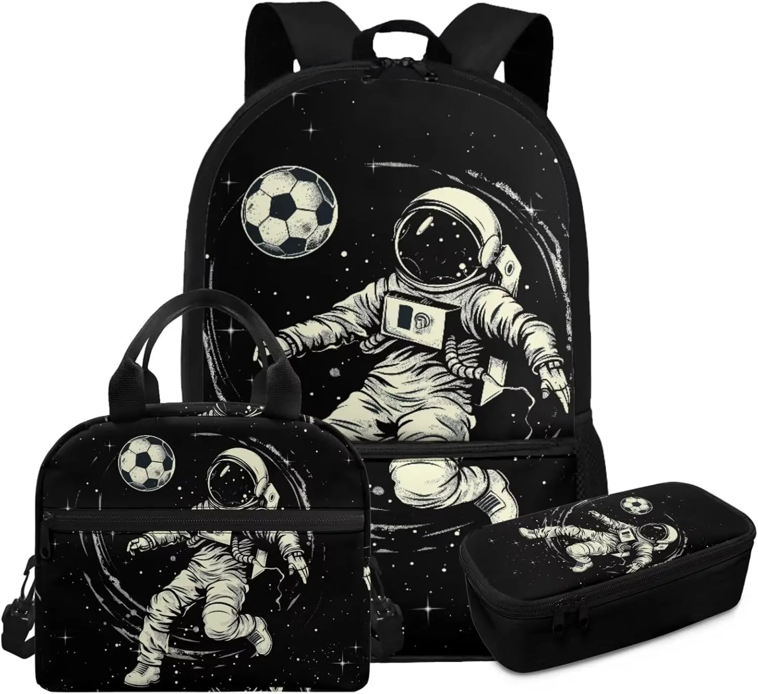 Astronaut Backpack for Kids 3 in 1 Lightweight Portable Kids Lunch Bag Boys Soccer Practical Bookbag for Boys with Lunch Box for Traveling Classic Black Pencil Case