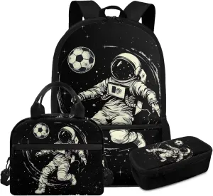 Astronaut Backpack for Kids 3 in 1 Lightweight Portable Kids Lunch Bag Boys Soccer Practical Bookbag for Boys with Lunch Box for Traveling Classic Black Pencil Case