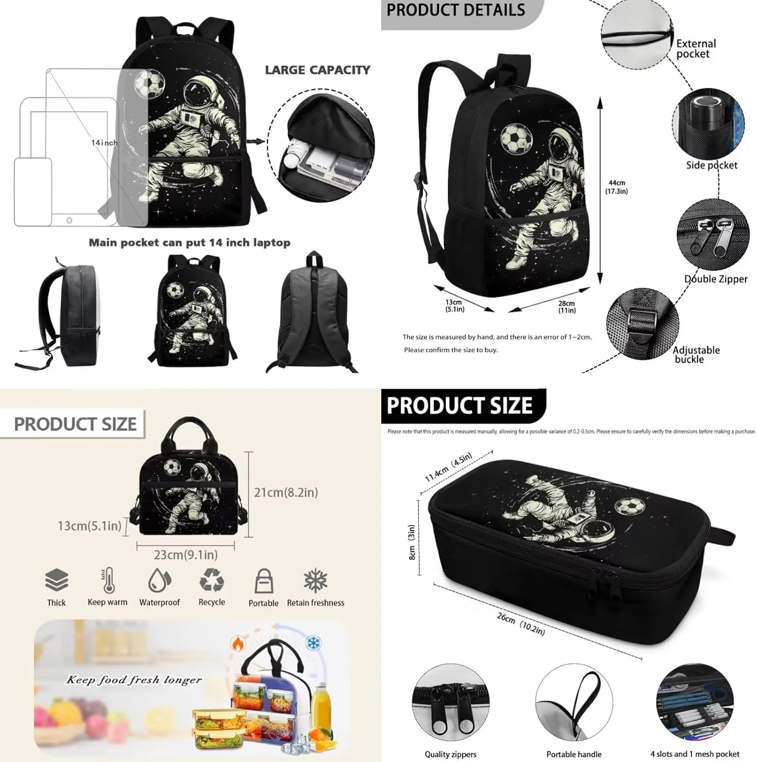 Astronaut Backpack for Kids 3 in 1 Lightweight Portable Kids Lunch Bag Boys Soccer Practical Bookbag for Boys with Lunch Box for Traveling Classic Black Pencil Case