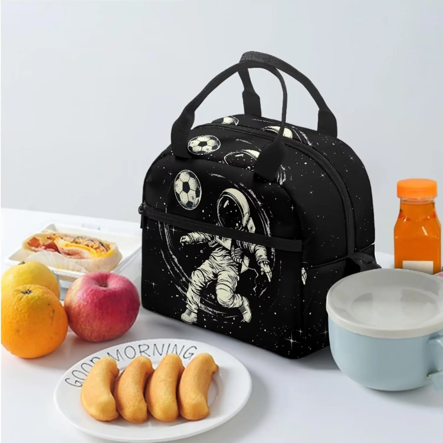 Astronaut Backpack for Kids 3 in 1 Lightweight Portable Kids Lunch Bag Boys Soccer Practical Bookbag for Boys with Lunch Box for Traveling Classic Black Pencil Case